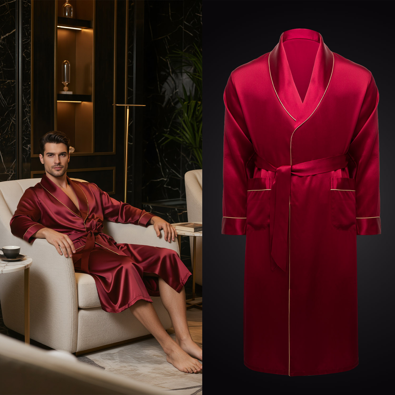 Czerwony jedwabny szlafrok na packshotowym zdjęciu odzieży typu duch zwizualizowany następnie na modelu AI, siedzącym w luksusowej aranżacji.