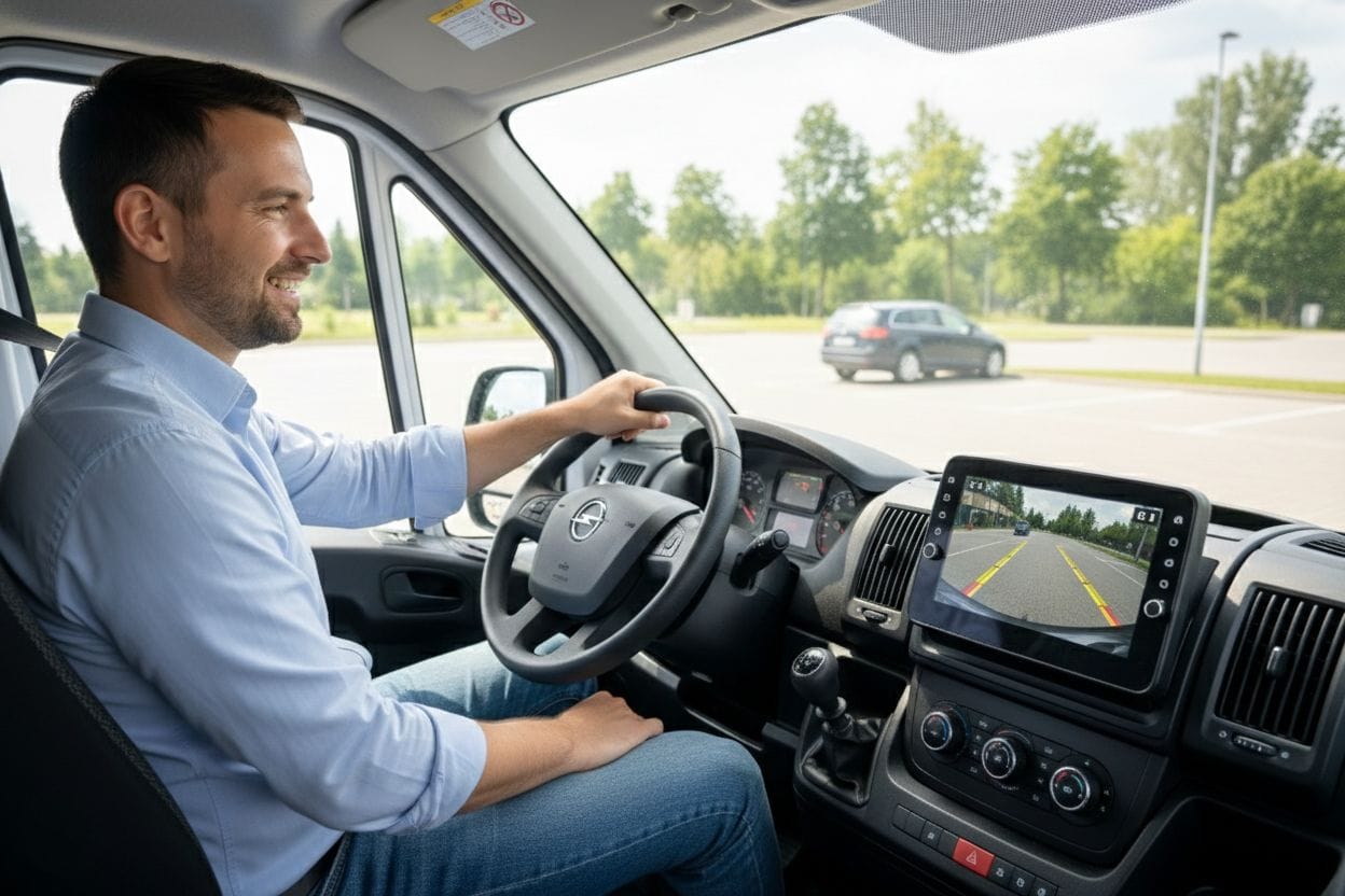 Kierowca wynajętego auta dostawczego łatwo manewruje tyłem dzięki kamerze cofania. Wnętrze nowoczesnego samochodu dostawczego.