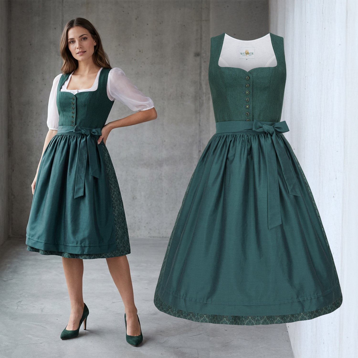 Zdjęcie odzieży typu duch niebieskiej sukienki ubranej na wirtualnej modelce AI w otoczeniu ascetycznych betonów.