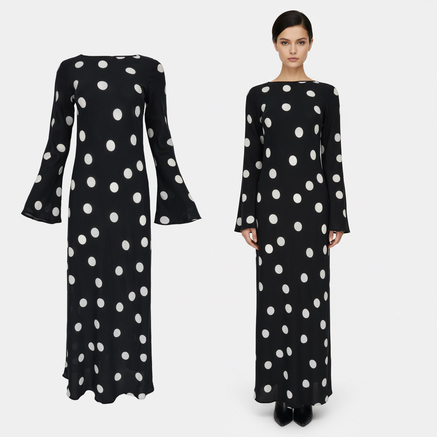 Modelka AI i packshot sukienki na duchu niewidzialnym manekinie