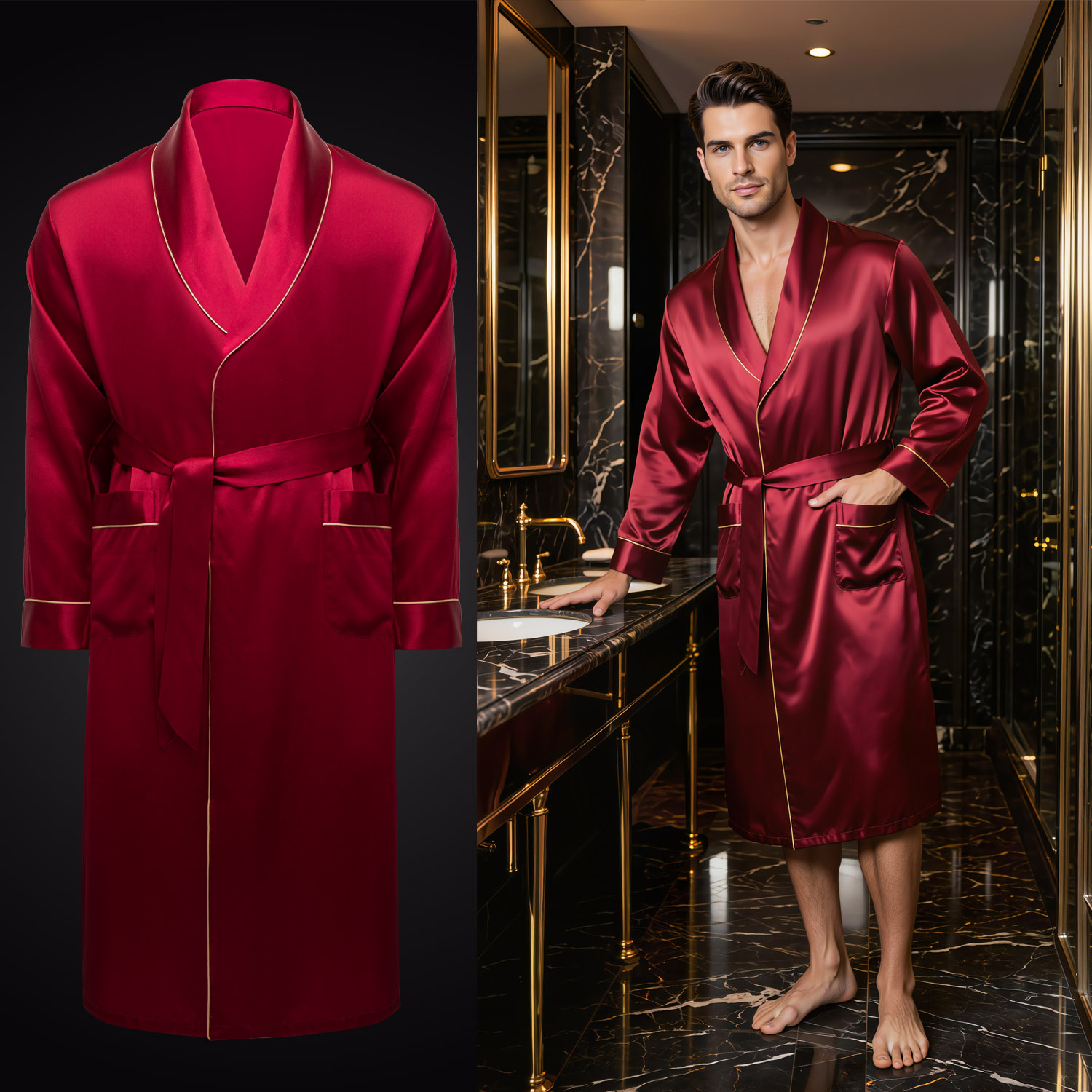 Fotografia produktowa odzieży na duchu szlafroków zaprezentowanych na modelu AI w aranżacji bardzo luksusowej łazienki.