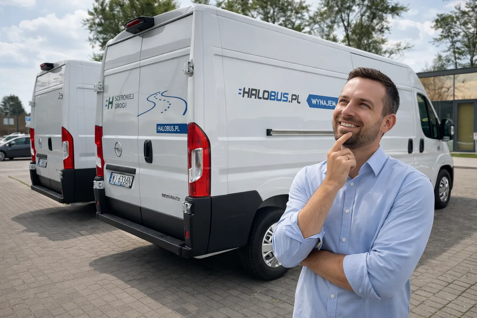Mężczyzna stojący przed białym autem dostawczym HALOBUS.PL z napisem „Wynajem aut”, z lekko uśmiechniętą i zamyśloną miną, jakby zastanawiał się, czy każdy kierowca poradzi sobie z prowadzeniem wynajętego auta dostawczego; letnia sceneria, parking, flota samochodów dostawczych do wynajęcia.